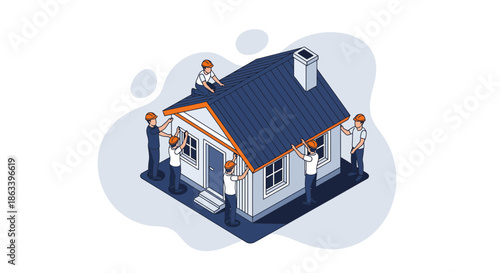 Construction workers building a house teamwork and home improvement concept.