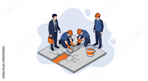 Construction workers repairing damaged floor tiles with supervisor overseeing the work.