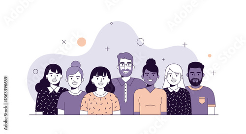 Diverse group of people smiling and looking at the camera together.