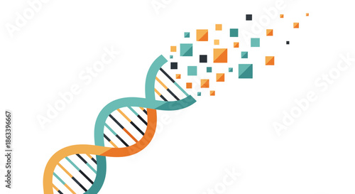DNA helix structure with colorful squares representing genetic information and scientific concepts.