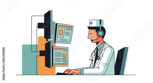 Doctor working on computer providing telemedicine services wearing headset.