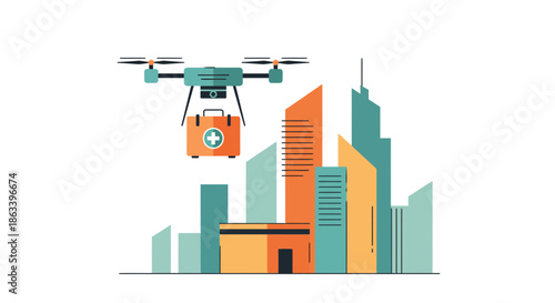 Drone delivering medical aid over city buildings for emergency response.