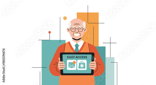 Elderly man holding tablet with shopping cart and bag icons easy access concept.