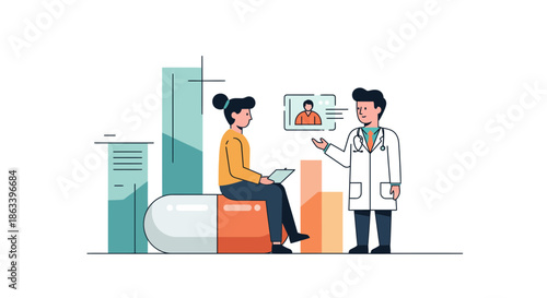 Doctor Explaining Medical Information to Patient on a Giant Pill.