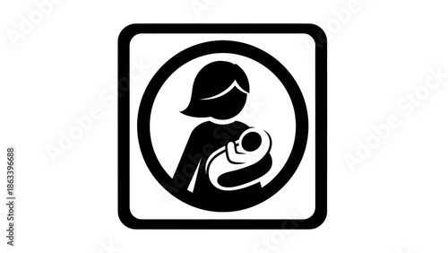 black and white vector icon of public facility symbol, lactation room signage, clear bold shapes, isolated on white