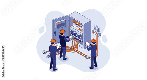 Electricians working on electrical panel performing maintenance and repairs isometric view.