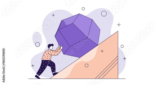 Man pushing large geometric shape up a ramp demonstrating effort and challenge.