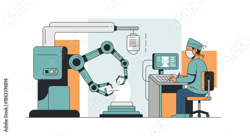 Medical professional operating robotic arm for surgical procedure in hospital setting.