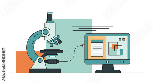 Microscope connected to computer for scientific research and analysis of samples.