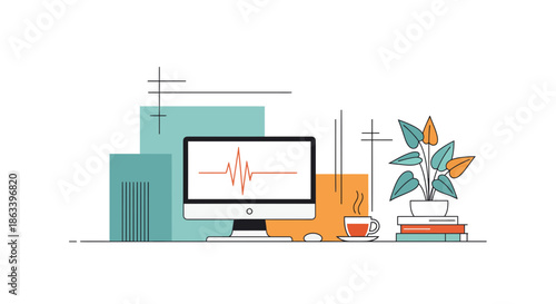 Modern workspace with computer displaying waveform analysis creative design.