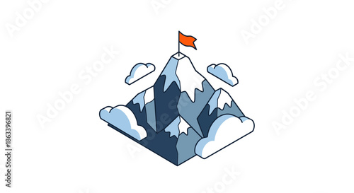 Mountain peak with a flag representing achievement and success.
