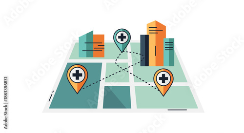 Medical map illustration showing hospitals and connected routes for easy navigation.