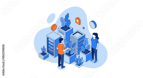 People working on servers data center and network infrastructure.