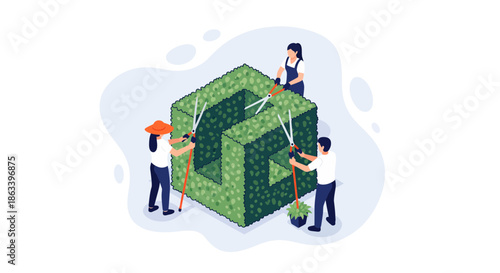 People working together to cultivate a green cube symbolizing growth and teamwork.
