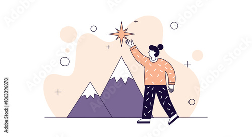 Person reaching for a star above the mountains achieving goals and dreams.