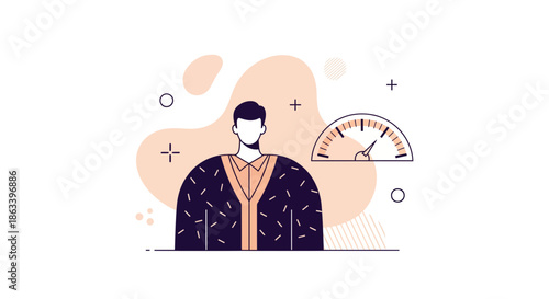 Person with a gauge representing performance and progress in a flat illustration.