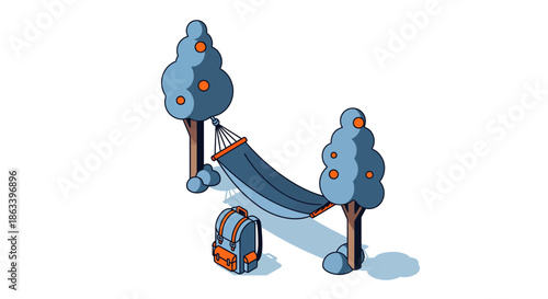 Relaxing hammock scene between trees with a backpack perfect for leisure and travel.