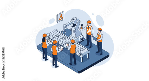 Team of engineers inspecting and working on industrial machinery in factory.