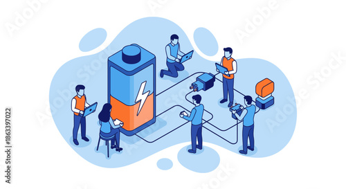 Team of engineers working on battery technology and energy solutions.