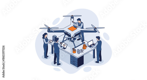 Team of engineers working on drone technology and development in a lab setting.