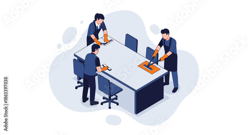 Team of people cleaning and sanitizing a conference table in an office setting.