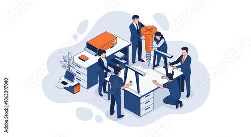 Team of professionals working together on a project in an office environment.