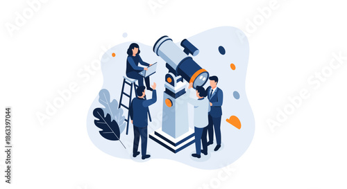 Team of scientists studying the cosmos using a large telescope for research.