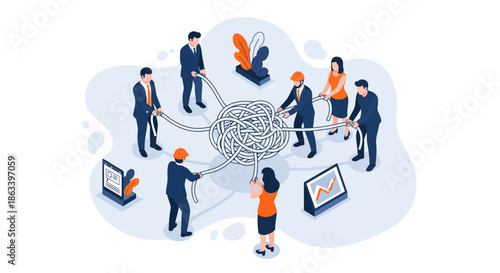 Teamwork and collaboration concept people working together to solve a complex problem.