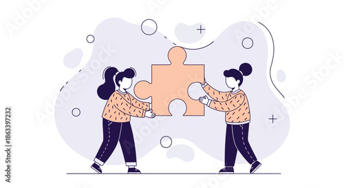 Two individuals collaborating to connect a puzzle piece teamwork concept.