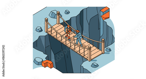 Two people crossing a wooden bridge over a deep canyon adventure concept.