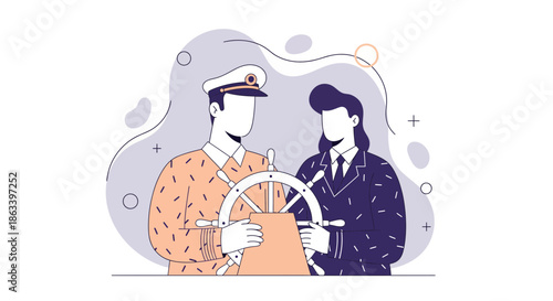 Two people steering a ship focused on navigation and teamwork.