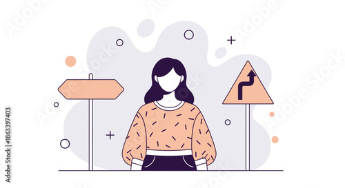 Woman contemplating choices with road signs symbolizing decisions and direction.