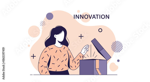 Woman opening a box of innovation and creative ideas for business.