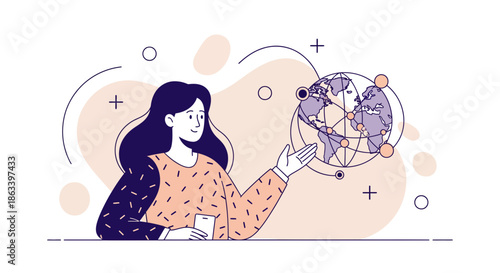 Woman holding a globe contemplating global connections and technology.