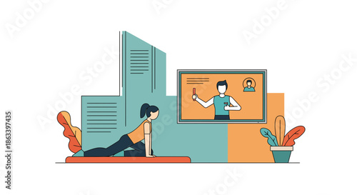 Woman practicing yoga online with instructor on screen at home.