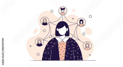 Woman surrounded by network of connected people representing social connections and relationships.