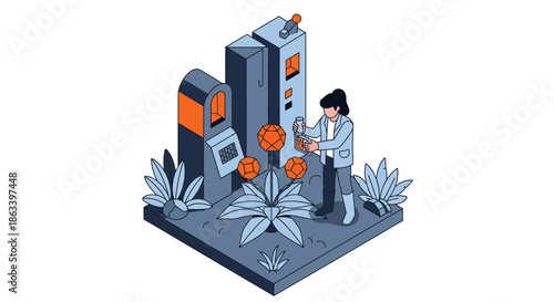 Woman tending to flowers near futuristic vending machines in a garden setting.