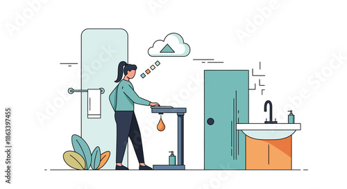 Woman using a smart scale to measure her weight in the bathroom.