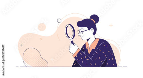 Woman with glasses using magnifying glass for detailed investigation and analysis.