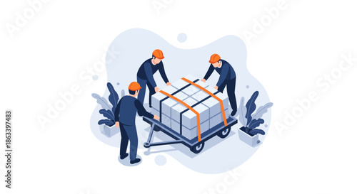 Workers carefully loading a large package onto a cart for transportation and delivery.