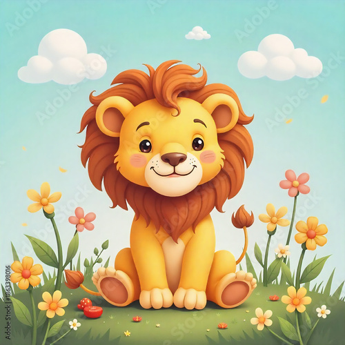 The cute lion is sitting in the fields