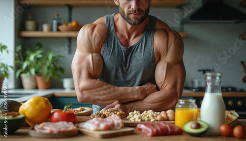 Muscular man in kitchen plans bodybuilding diet. Balanced meals with protein rich foods like meat eggs nuts and milk. Healthy eating supports muscle gain and strength training. © Vadym