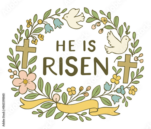 Traditional Easter wreath with circular pastel flowers, foliage, and symbolic objects, crosses, doves, and ribbons and elegant typography He is risen. Vector isolated illustration