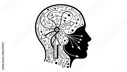 black and white vector illustration of mental overload from too many choices, fragmented arrows circling a head silhouette, psychological metaphor, isolated vector