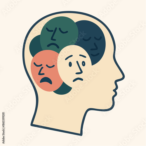 faces within; profile of layered sorrow in color and contour, revealing the weight of inner emotion