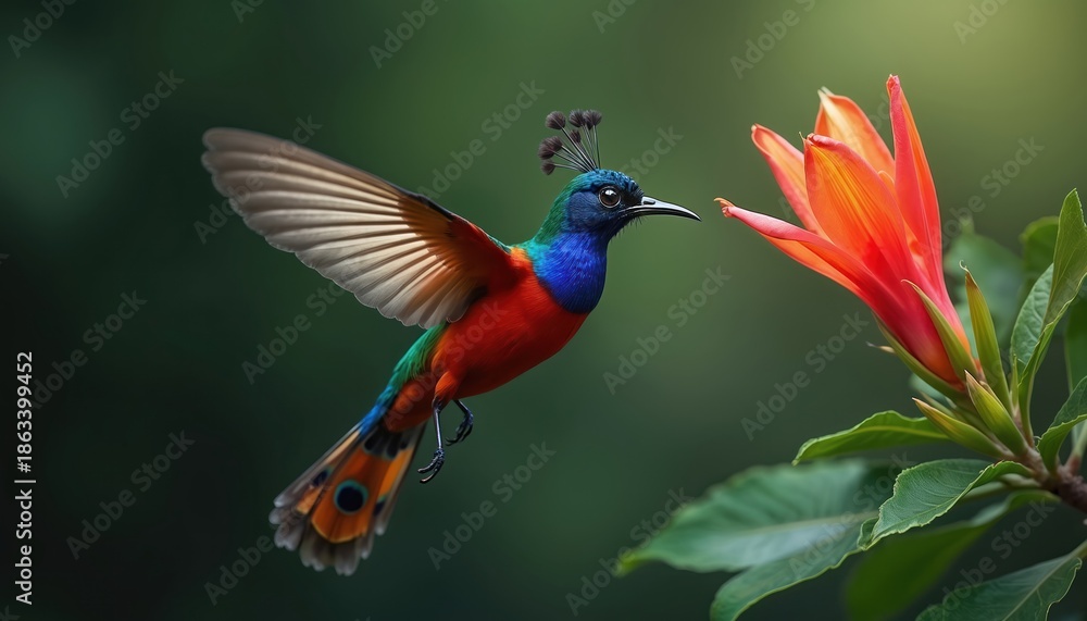 Fototapeta premium Tiny iridescent bird with bright plumage hovers near vivid orange blossom. Creature drinks nectar from flower while wings flap fast. Wild nature scene.