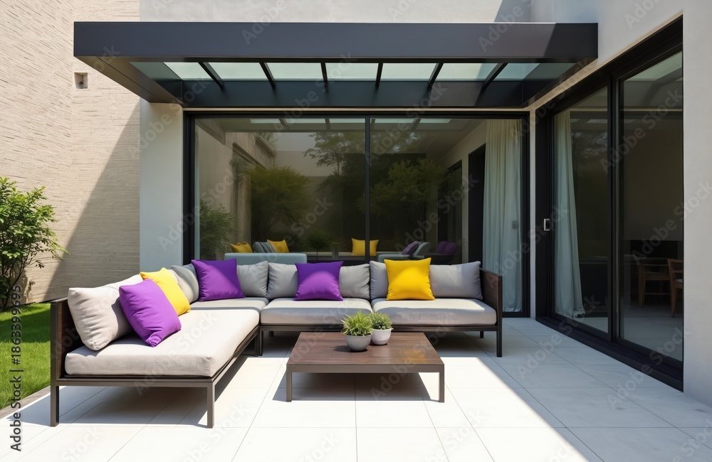 Fototapeta premium Modern patio furniture with sectional sofa, colorful cushions, and coffee table under glass roof. Outdoor living space with garden view, bright sunny day.