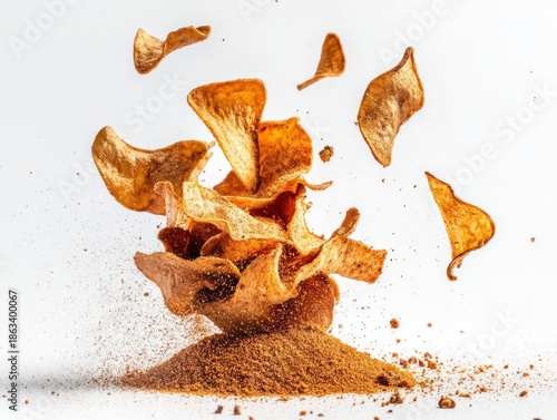 Crispy chips exploding from a spice pile on a pure white background creating dynamic still life