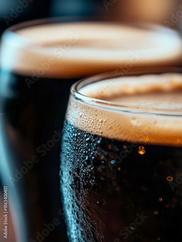 Two chilled glasses of craft dark beer with creamy frothy head