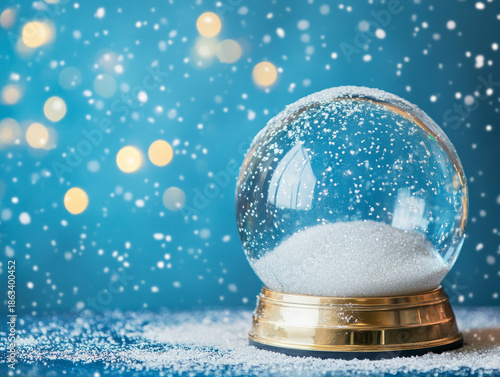 Empty Christmas snow globe on blue background with bokeh lights